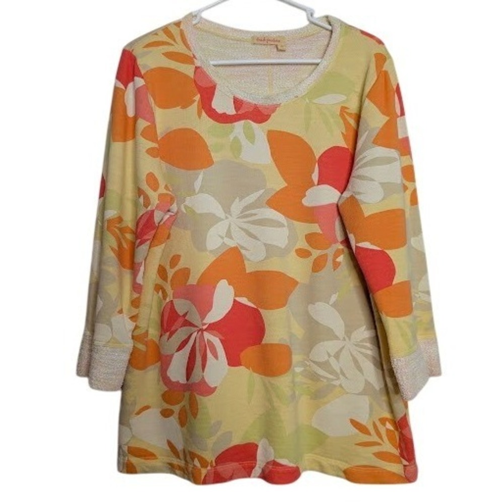 Fresh Produce Womens Size Large Terry Cloth Floral Top Multi Color USA Lagenlook